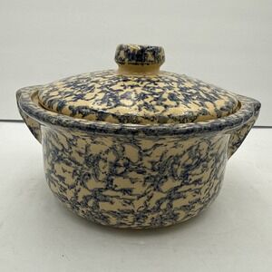 Vtg RRP Roseville Ohio Pottery Casserole Blue Spongeware with Lid 9x 5"